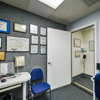 Outside audio testing room at Bisel Hearing Aid Center